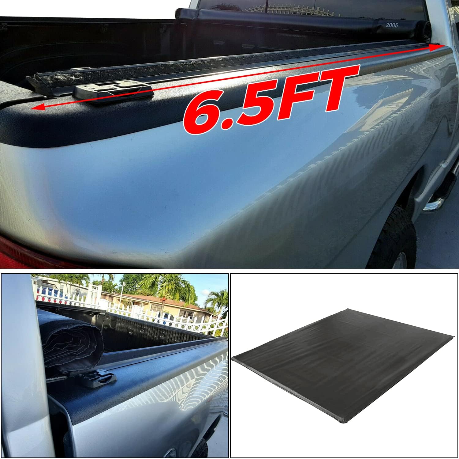 Soft Roll-up Truck Tonneau Cover with 6.5' Bed Black Sailcloth B1324