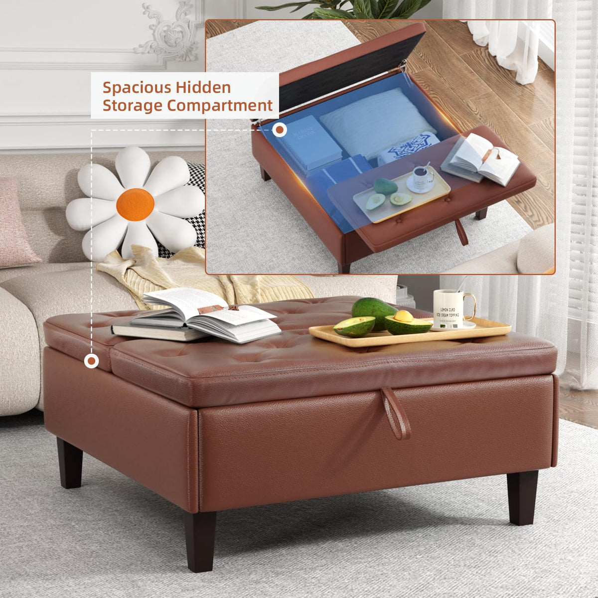 Dark Brown Faux Leather Square Storage Ottoman S610547