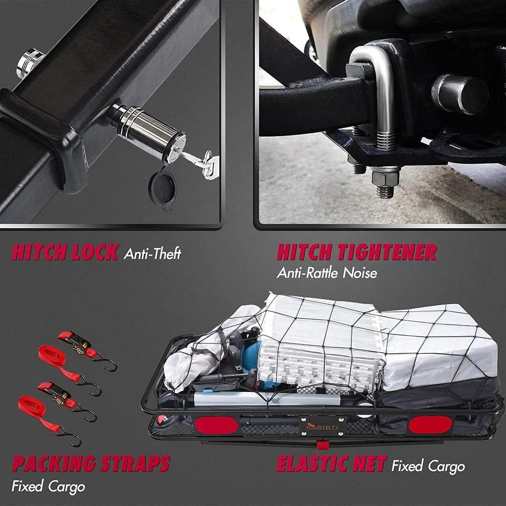 Hitch Mount Folding Cargo Carrier with Trailer Hitch Lock, Stabilizer, Net and Straps A45623