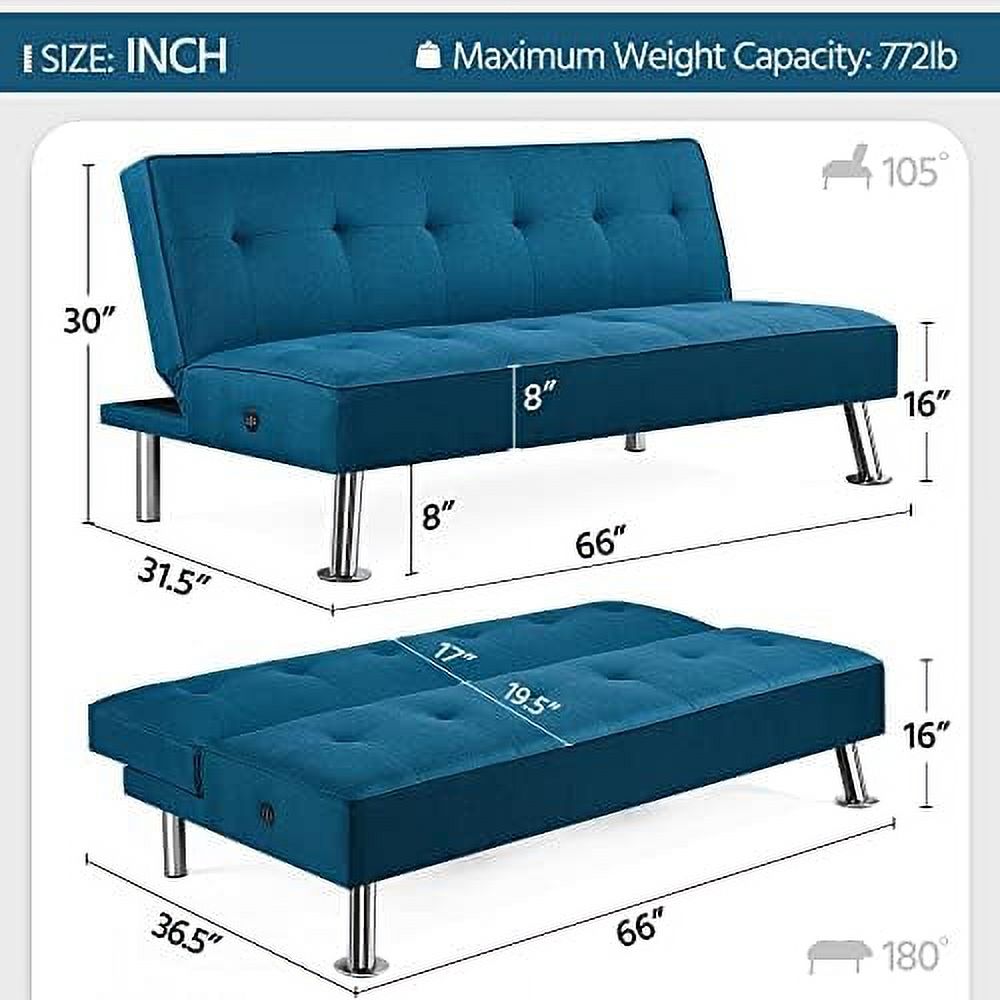 Convertible Futon Sofa Bed with 2 USB Charging Ports Fabric Loveseat Couch Metal Legs J90342