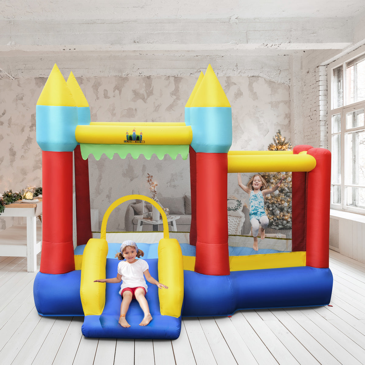 Inflatable Bounce House Slide with Tunnels Ball Pit and 480W Blower H9300