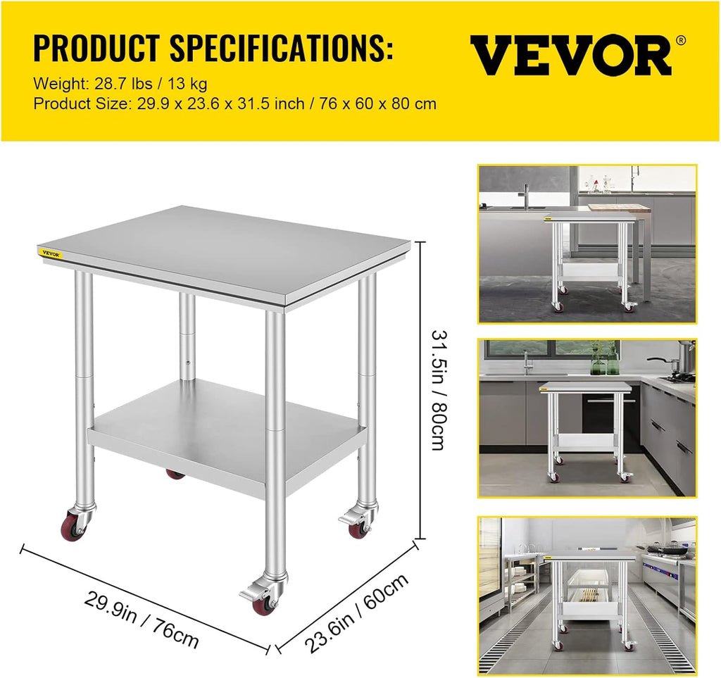 Stainless Steel Work Table with Wheels 24 x 30 x 32 Inch U5180