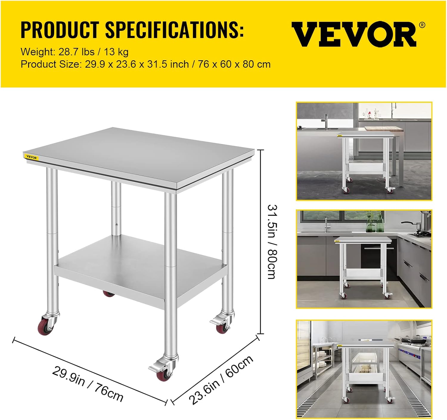 Stainless Steel Work Table with Wheels 24 x 30 x 32 Inch U5180