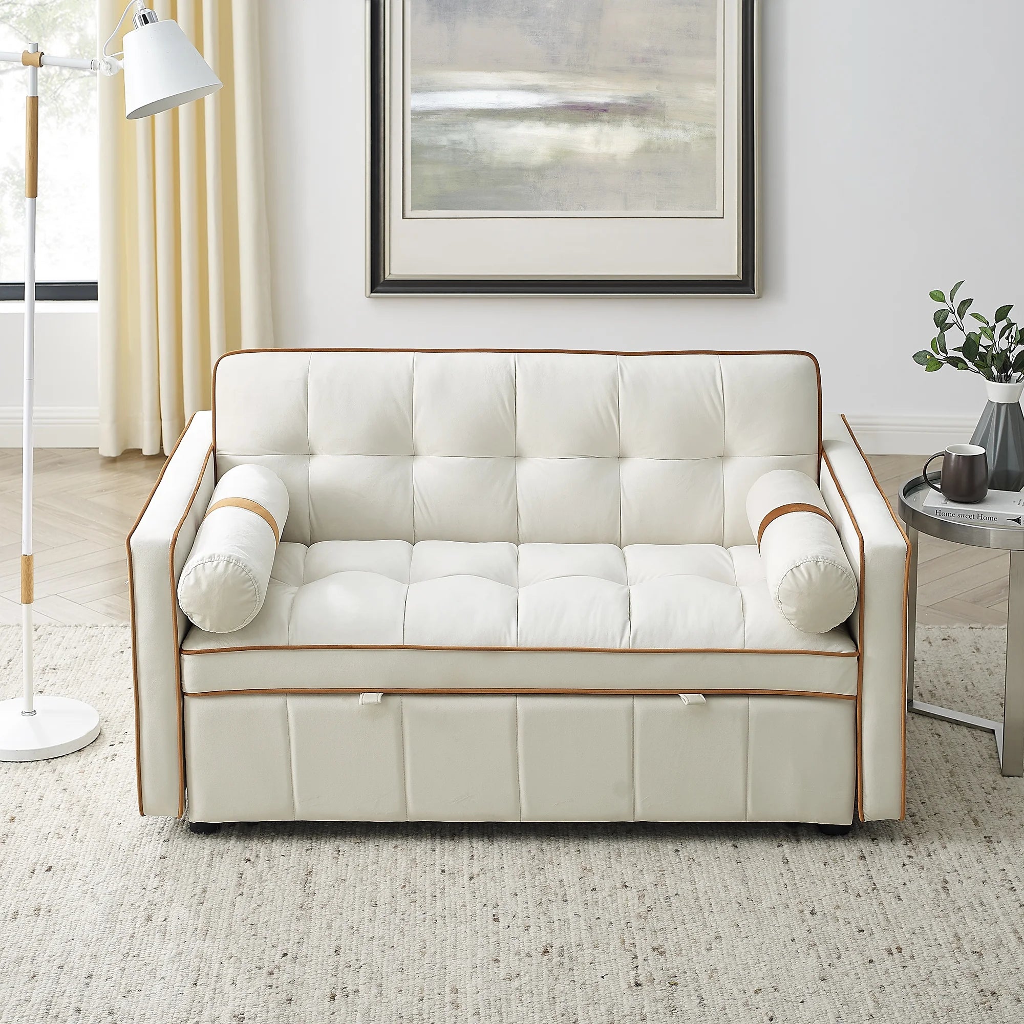Beige 2 Seater Pull Out Sleep Sofa Bed with Side Pockets I37491