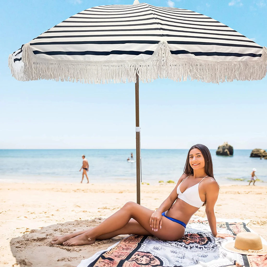 Tassel Beach Umbrella 7 Foot Wood Grain Steel Pole Tilt Function Carry Bag S722