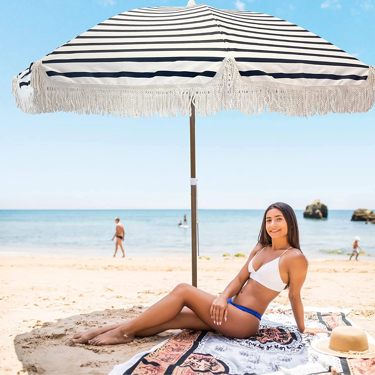 Tassel Beach Umbrella 7 Foot Wood Grain Steel Pole Tilt Function Carry Bag S722