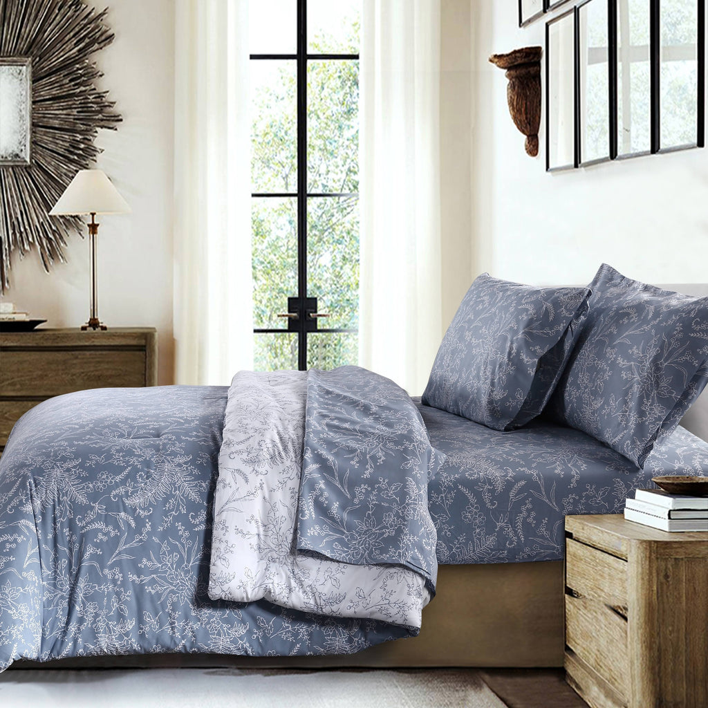 King / California King Black Reversible Floral Duvet and Sham Set D968