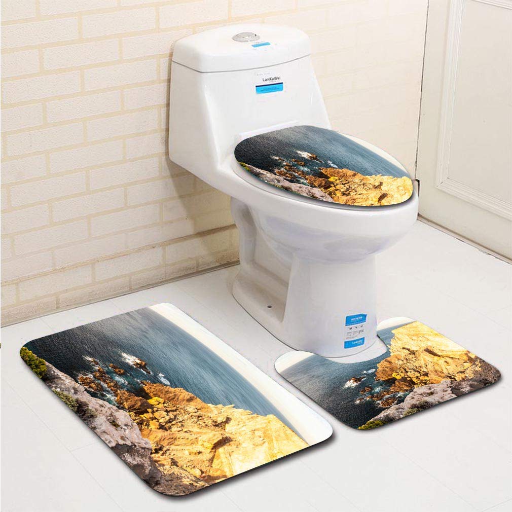 3 Piece Bathroom Rugs Set with Contour Mat and Toilet Lid Cover Q66858