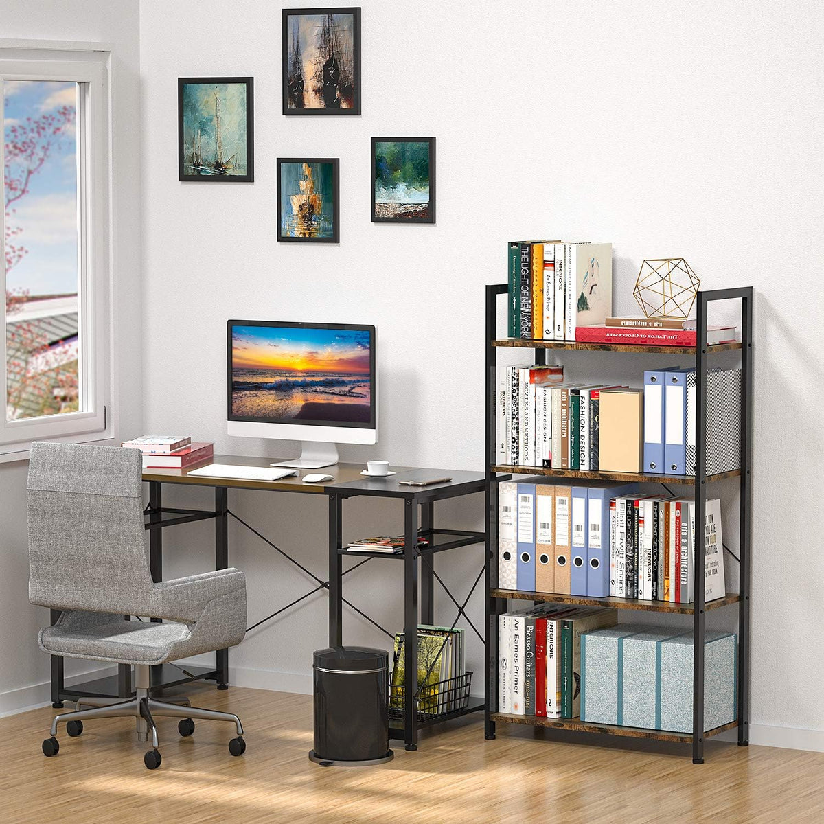 Rustic Brown 5 Tier Wooden and Metal Bookshelf C80106