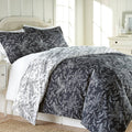 King / California King Black Reversible Floral Duvet and Sham Set D968