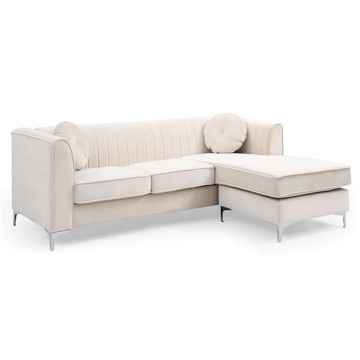 Ivory Velvet L-Shape 3-Seater Sectional Sofa with 2-Throw Pillow Y467856