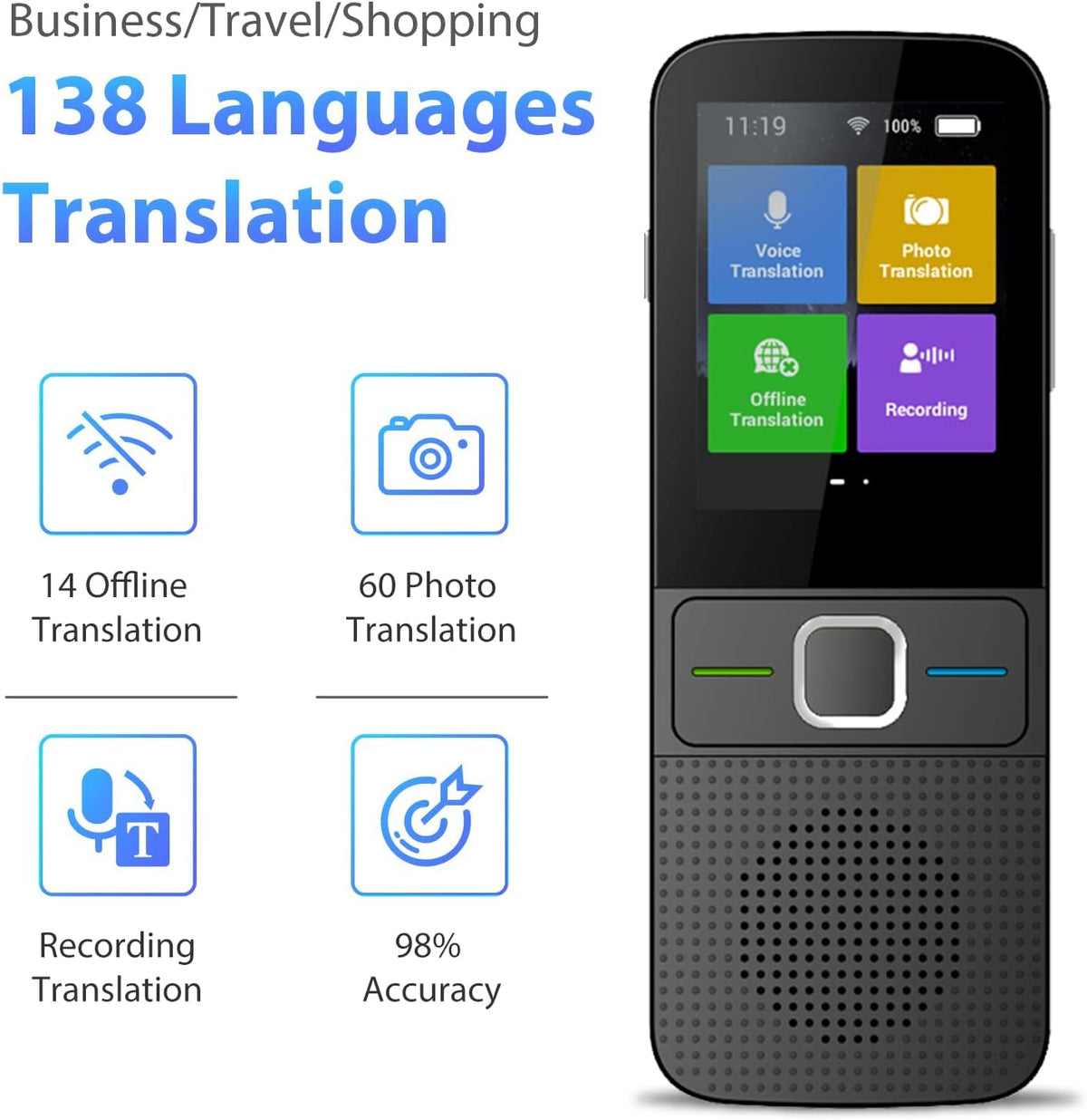 Portable Smart Translator Device Two Way Online 138 Languages Black Pack of 2 V8052