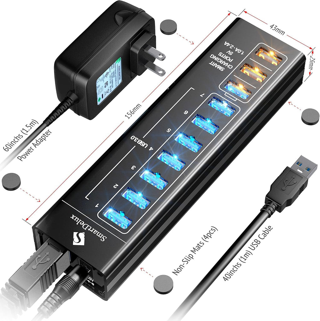 10-Port USB 3.0 Hub with Power Adapter, Black Aluminum Pack of 2 K957194