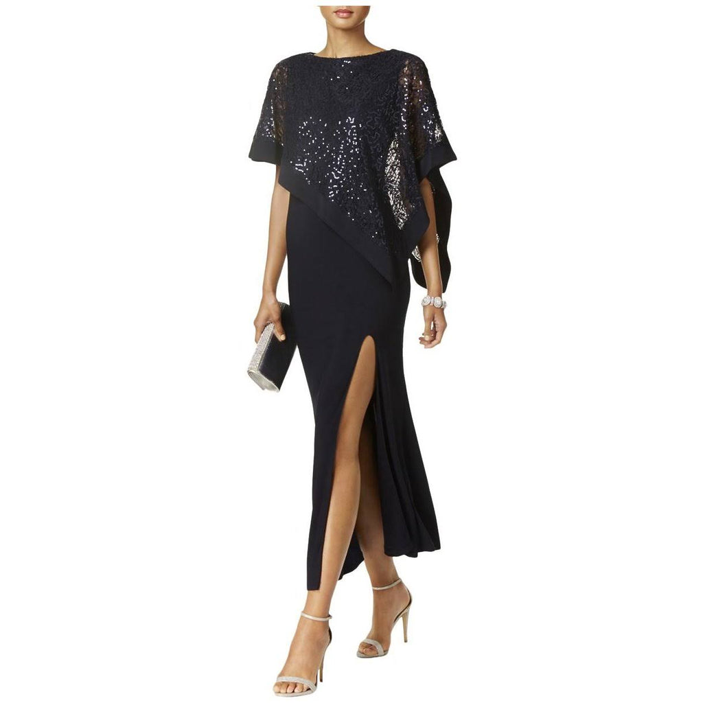 Black Sequined Lace Cape Gown N14261