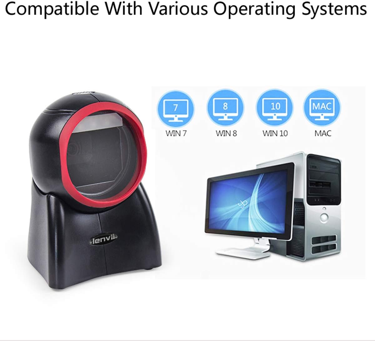 2D Barcode Scanner Desktop USB Wired Omni-Directional Hands-Free Automatic Barcode Reader Support 1D and QR-Code for Screen Scanning POS System E979