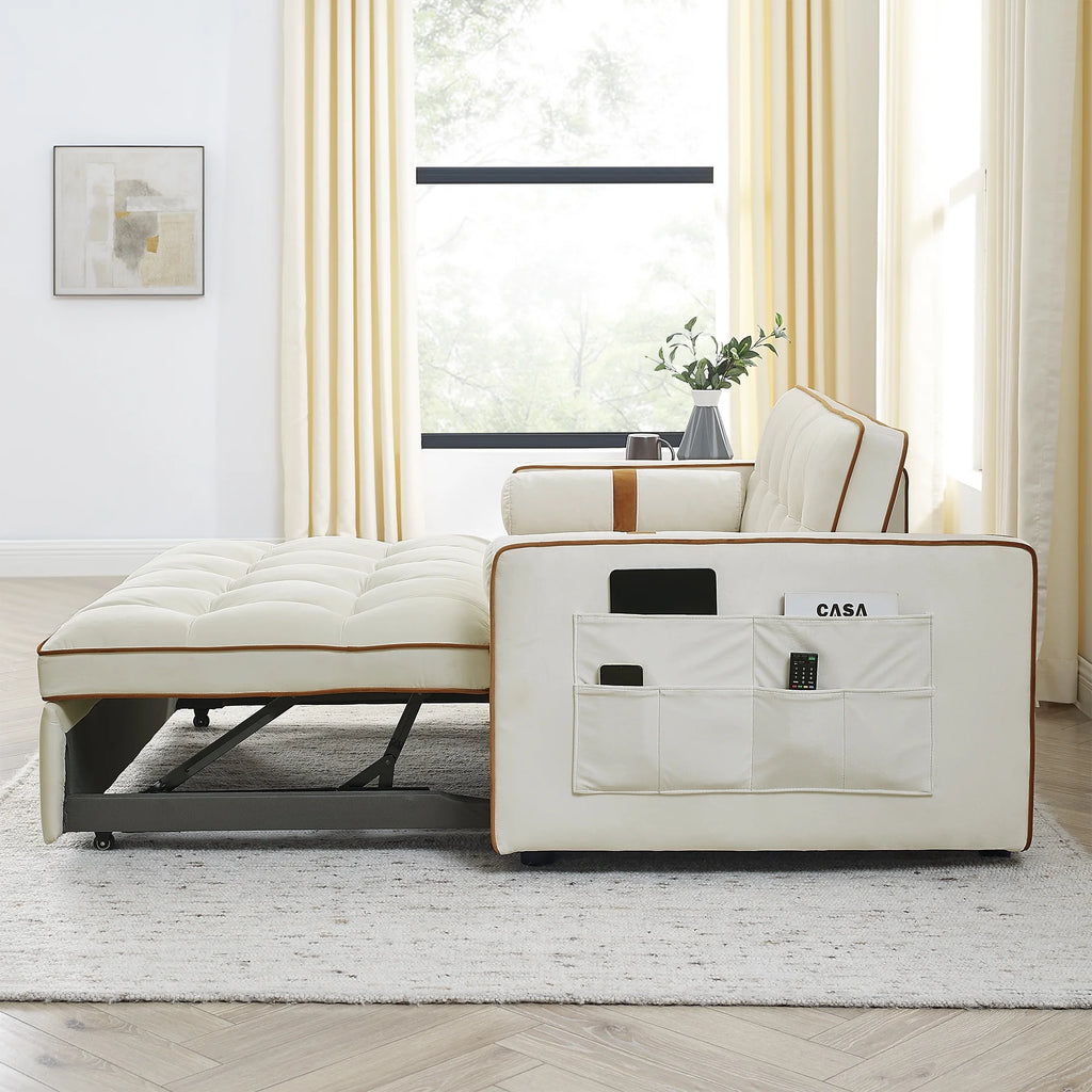 Beige 2 Seater Pull Out Sleep Sofa Bed with Side Pockets I37491