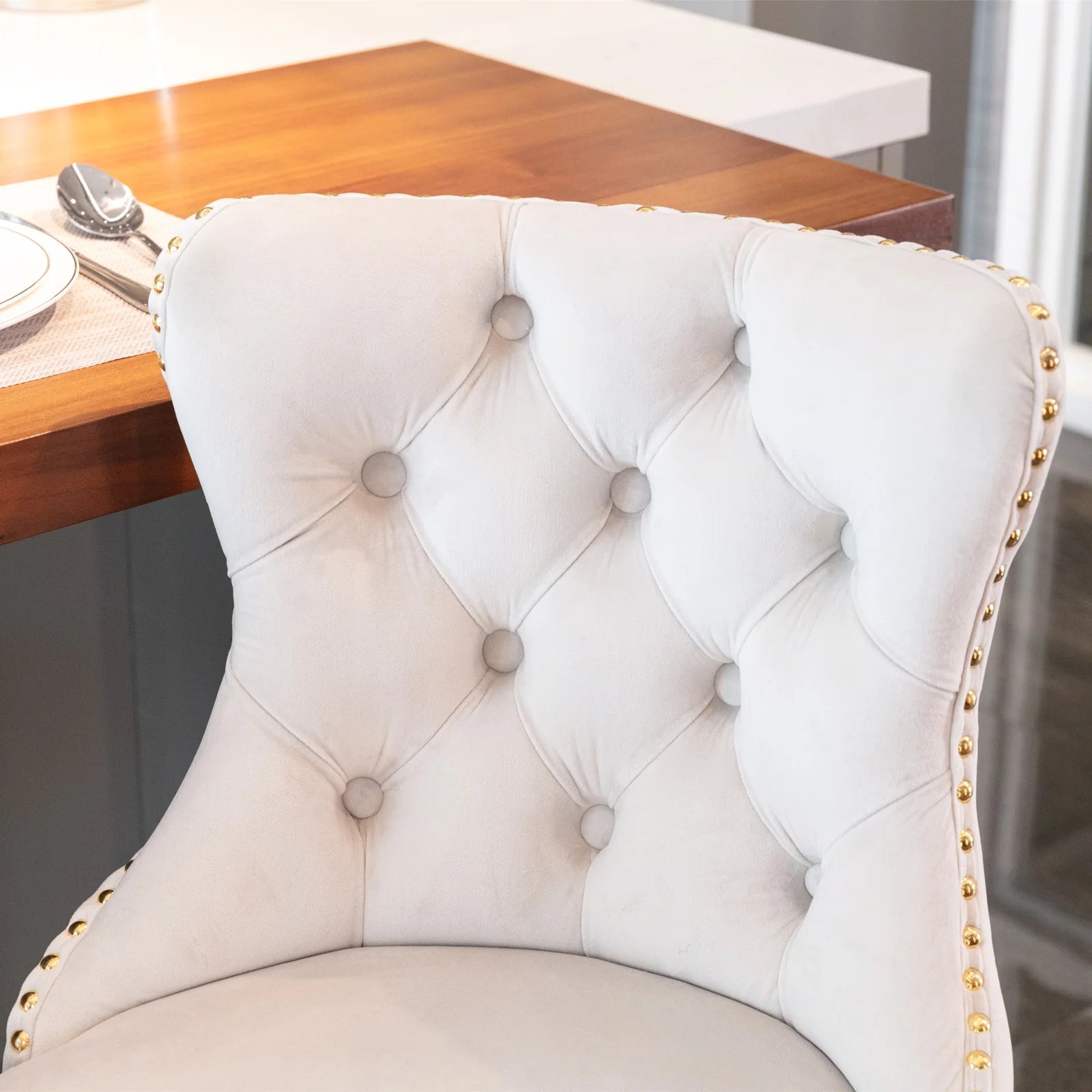 Beige Velvet Swivel Bar Stools Set of 2 with Back G453420
