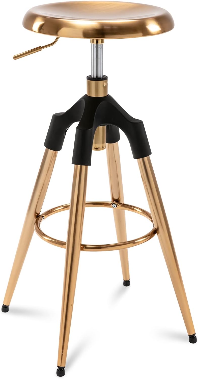 Industrial Bar Stool, Swivel Adjustable Counter Height Backless Four Legged Heavy Duty Bar Chair (Wooden top, Bronze) M62255