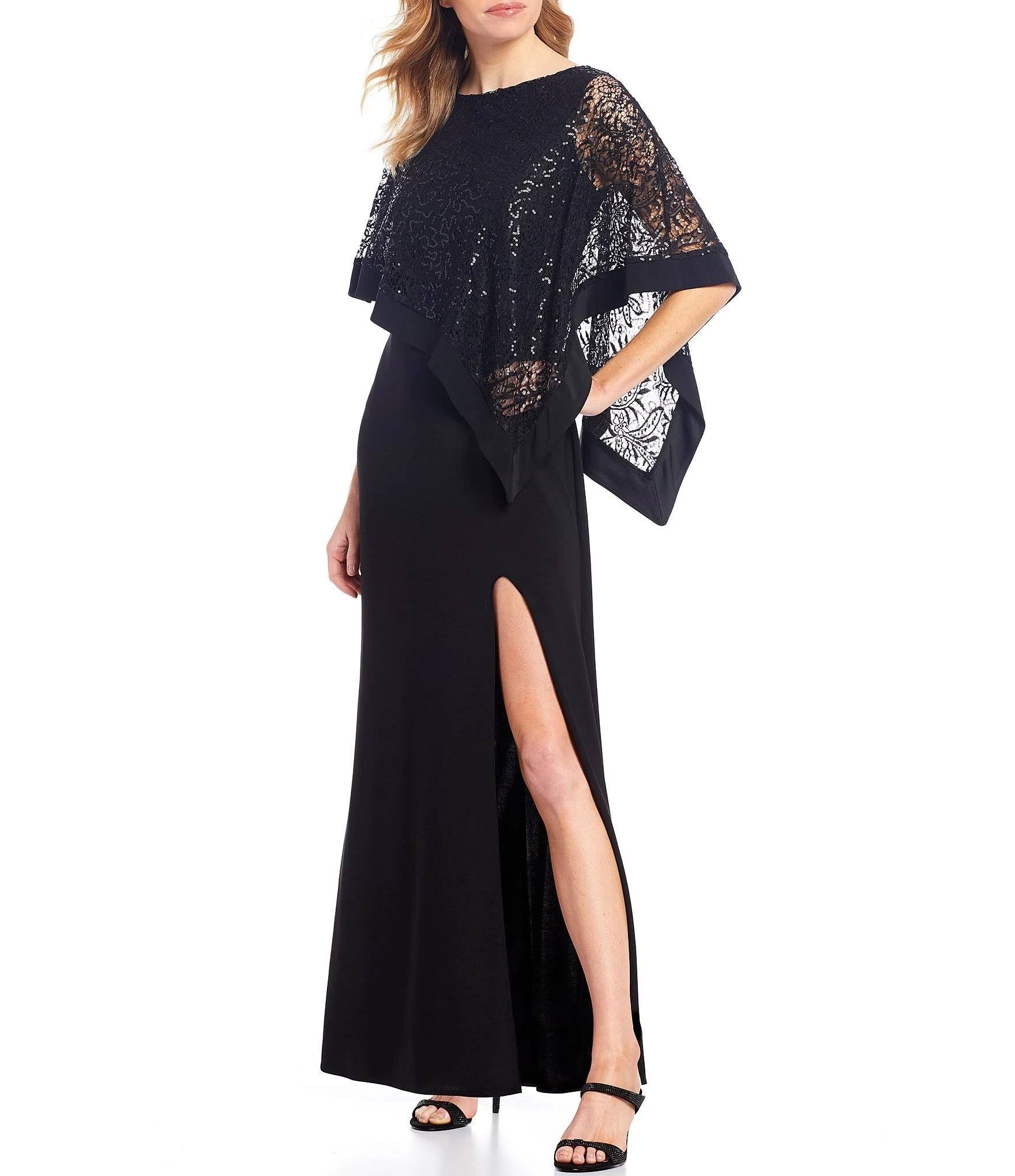 Black Sequined Lace Cape Gown N14261