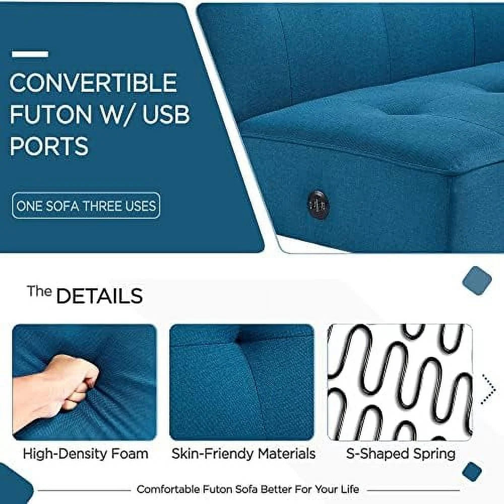 Convertible Futon Sofa Bed with 2 USB Charging Ports Fabric Loveseat Couch Metal Legs J90342