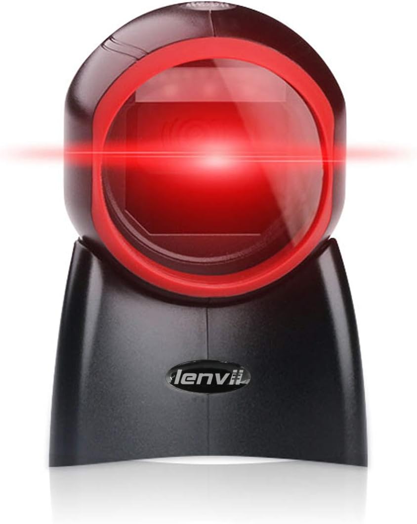 2D Barcode Scanner Desktop USB Wired Omni-Directional Hands-Free Automatic Barcode Reader Support 1D and QR-Code for Screen Scanning POS System E979