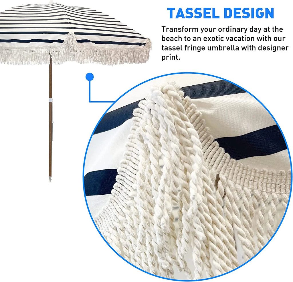 Tassel Beach Umbrella 7 Foot Wood Grain Steel Pole Tilt Function Carry Bag S722
