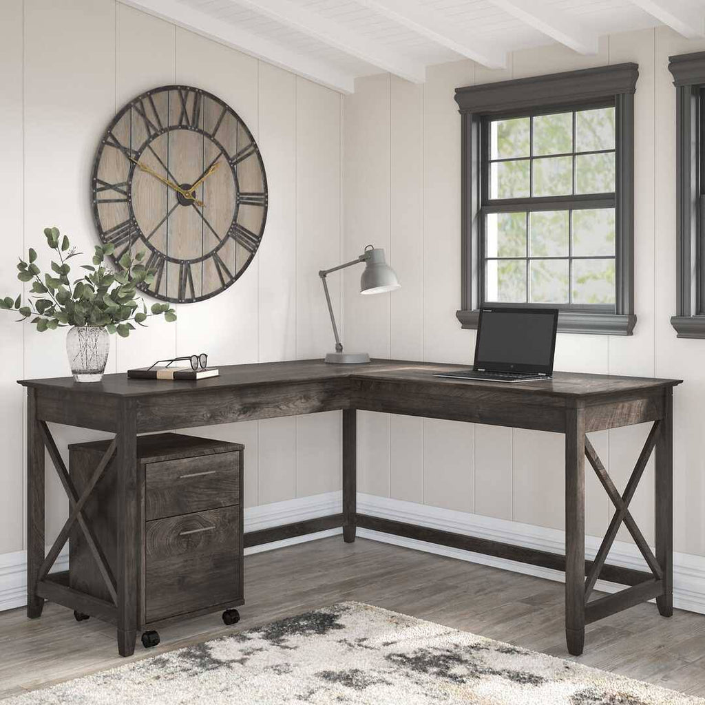 60W L Shaped Desk with Mobile File Cabinet in Washed Gray L811