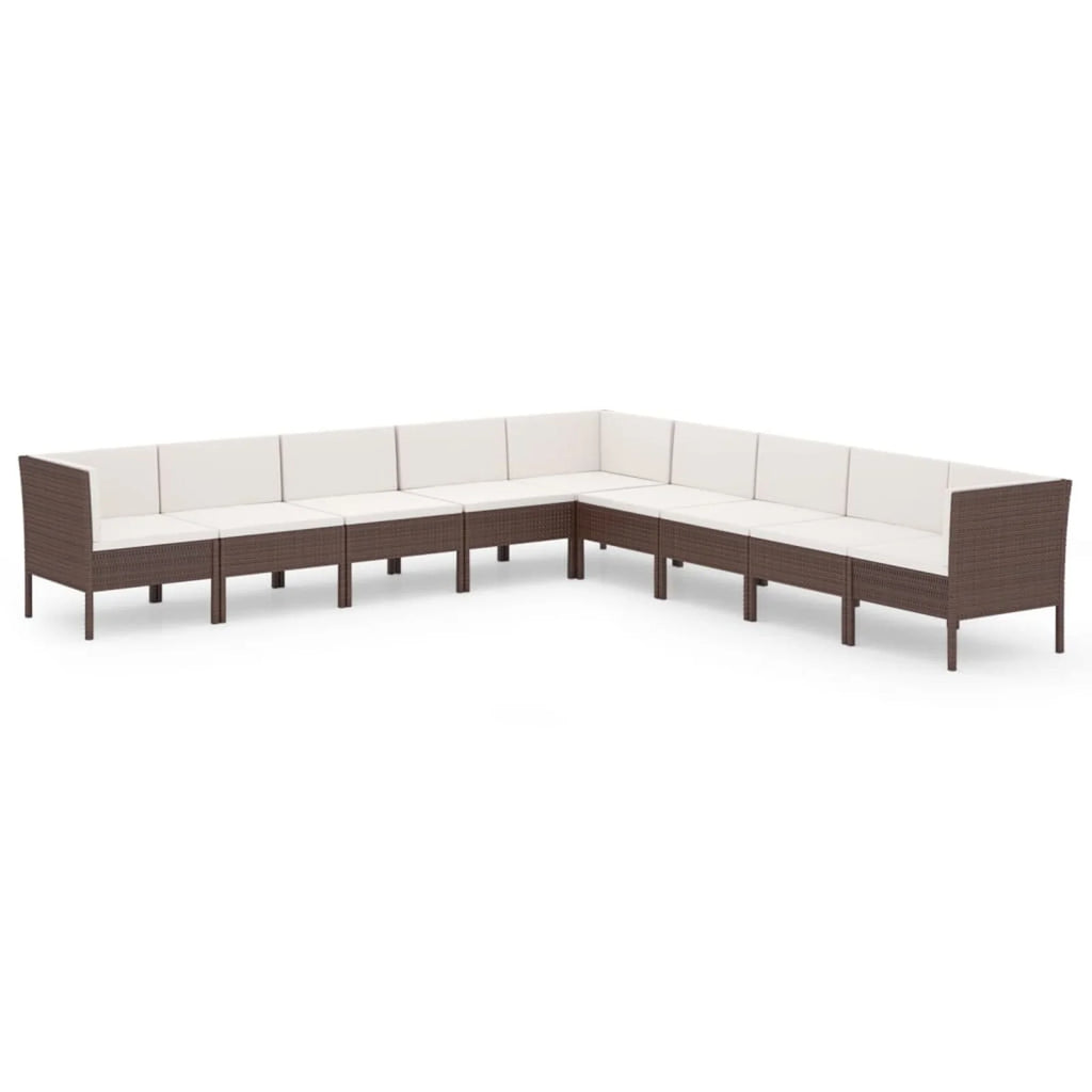 9 Piece Cream White Cushion Brown Poly Rattan Patio Lounge Set J24917