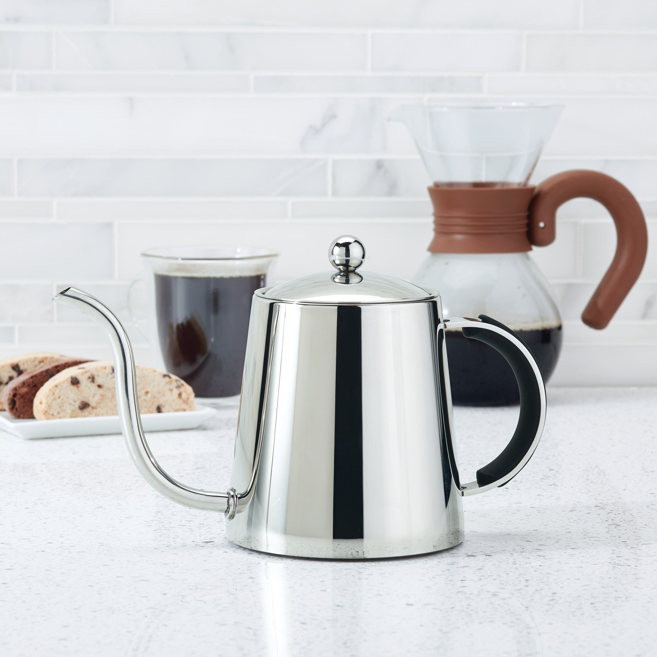 Stainless Steel Pour Over Teapot with Black Handle, 23-Ounce X7267