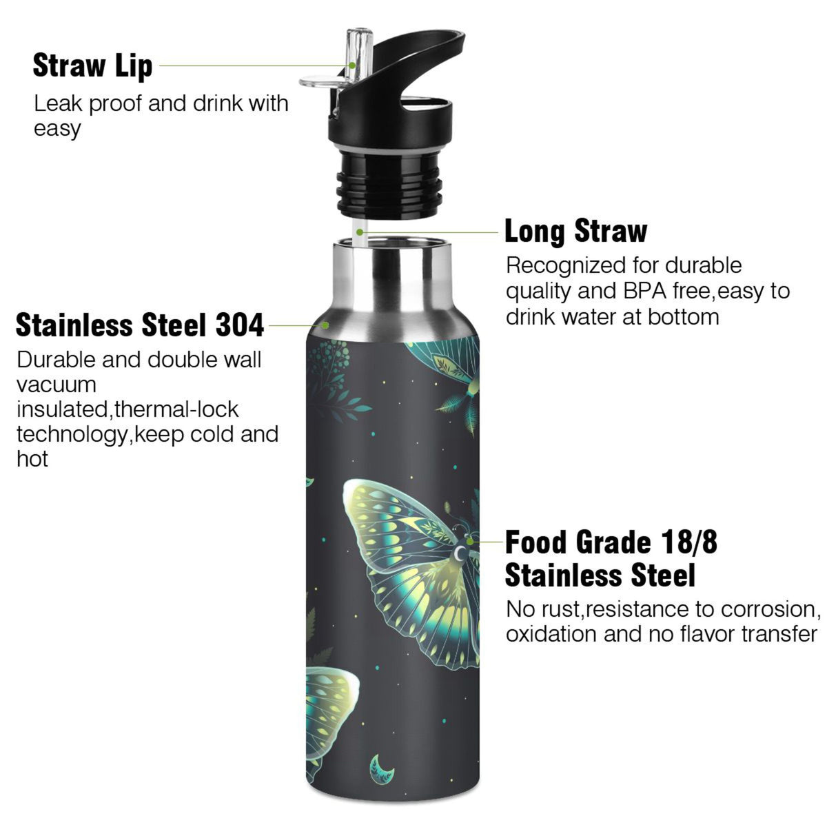 20 OZ Stainless Steel Vacuum Insulated Water Bottle with Straw Lid R1380