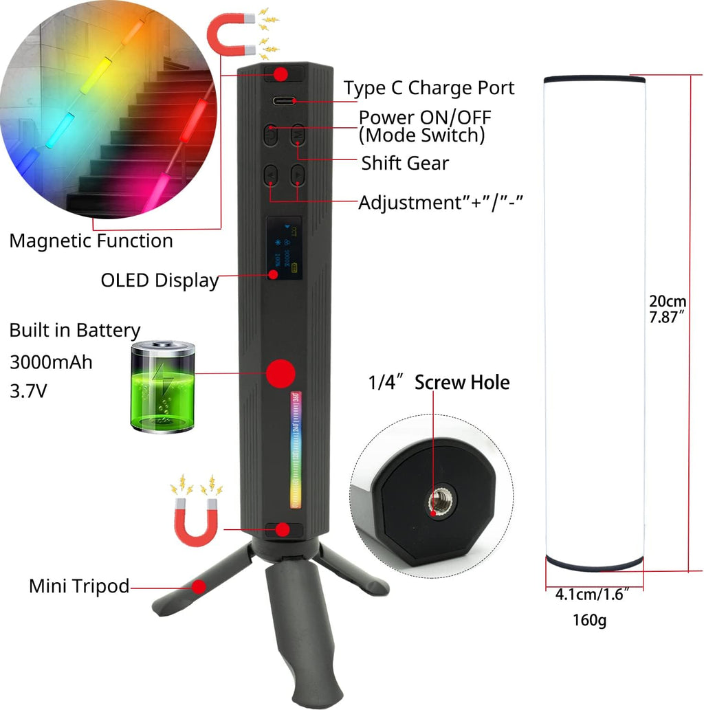 Handheld RGB Light Wand Video LED Lighting Photography Light Vlog Magnetic CRI95+ 2500K-9000K Built-in Battery 3000mAh Pack of 2 V584