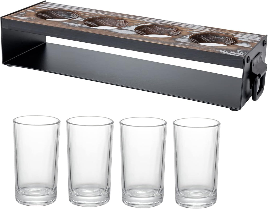 Beer Flight Board with Glasses Serving Caddy in Matte Black Metal and Torched Wood with 4 Beer Tasting Glass, Set of 2 N185273