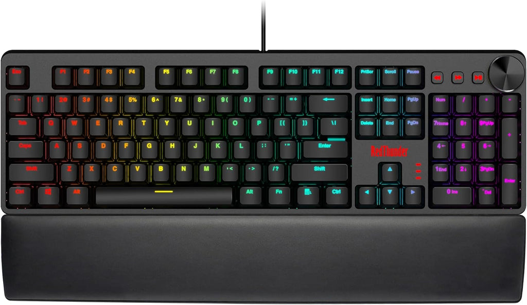 RedThunder K55 Mechanical Gaming Keyboard, Quiet Red Switch, Chroma RGB Lighting, Soft Leather Wrist-Rest, Standard Full Size Wired Keyboard with Dedicated Media Keys & Dial for PC M3051