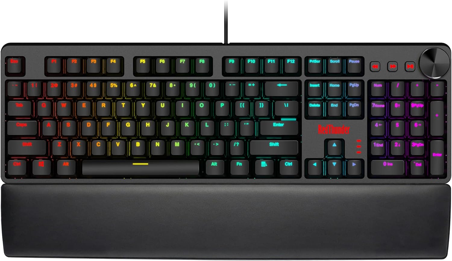 RedThunder K55 Mechanical Gaming Keyboard, Quiet Red Switch, Chroma RGB Lighting, Soft Leather Wrist-Rest, Standard Full Size Wired Keyboard with Dedicated Media Keys & Dial for PC M3051