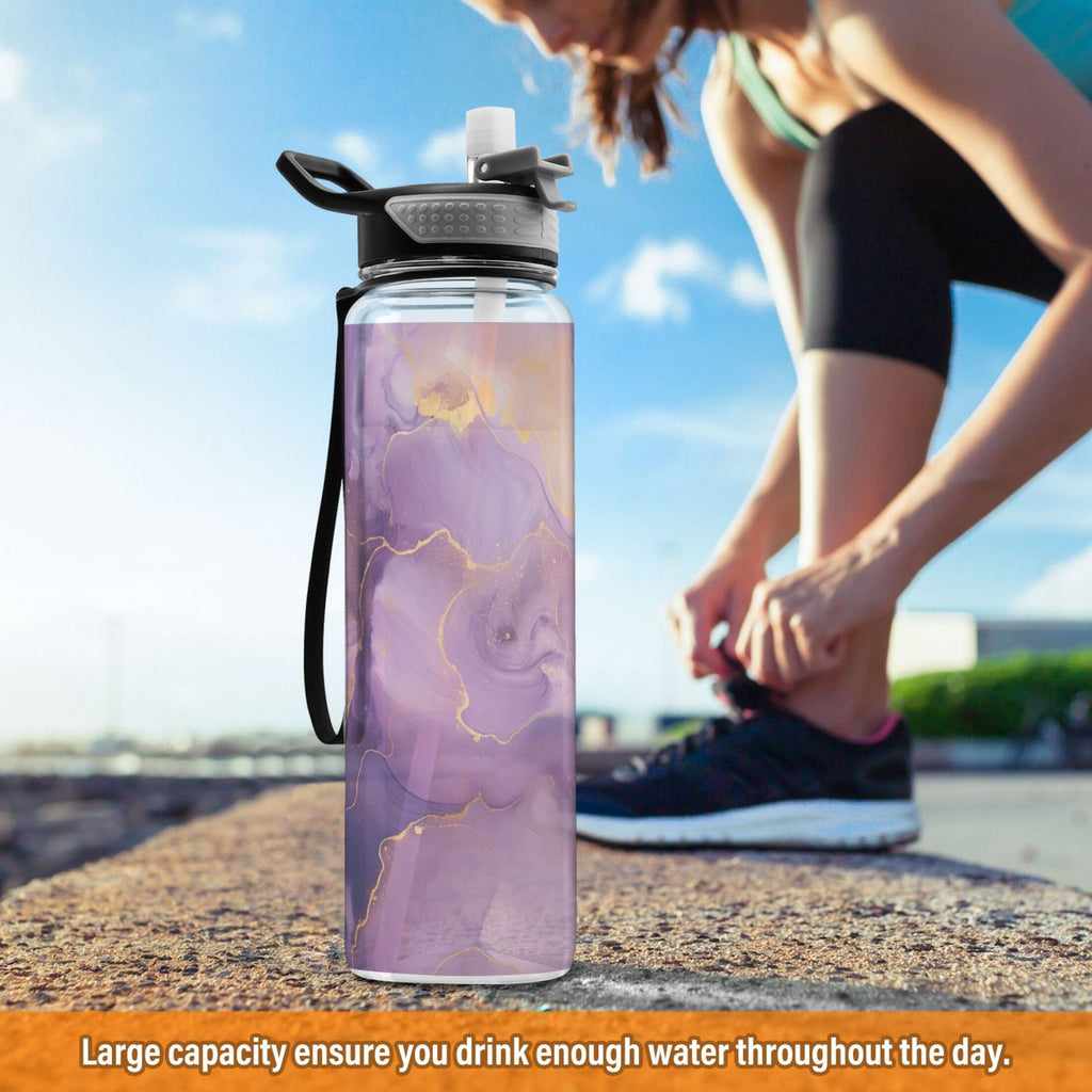 Purple and Gold Marble 32oz Tritan Leakproof Water Bottle with Straw L3750