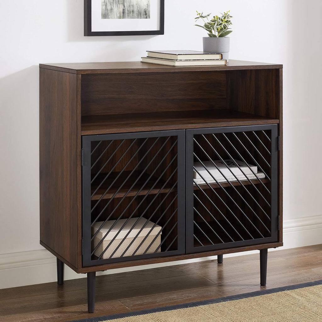 Dark Walnut Metal Wood Buffet Bar Cart Storage Cabinet Sideboard T29282