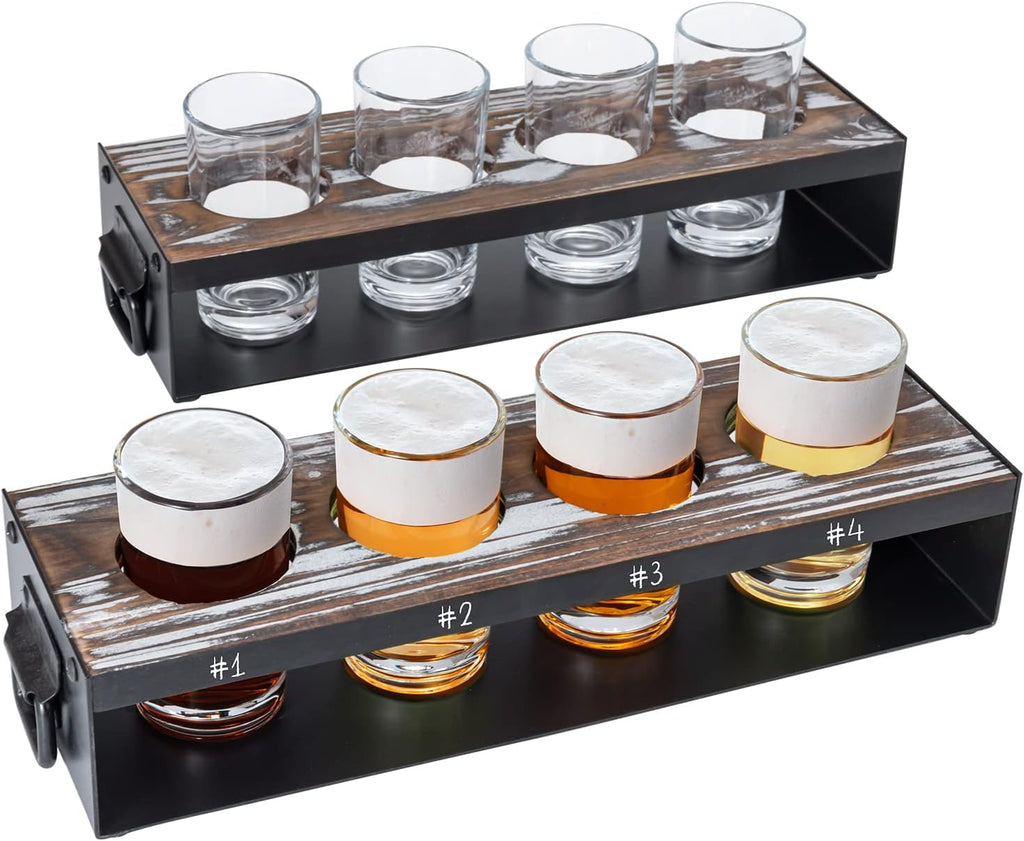Beer Flight Board with Glasses Serving Caddy in Matte Black Metal and Torched Wood with 4 Beer Tasting Glass, Set of 2 N185273