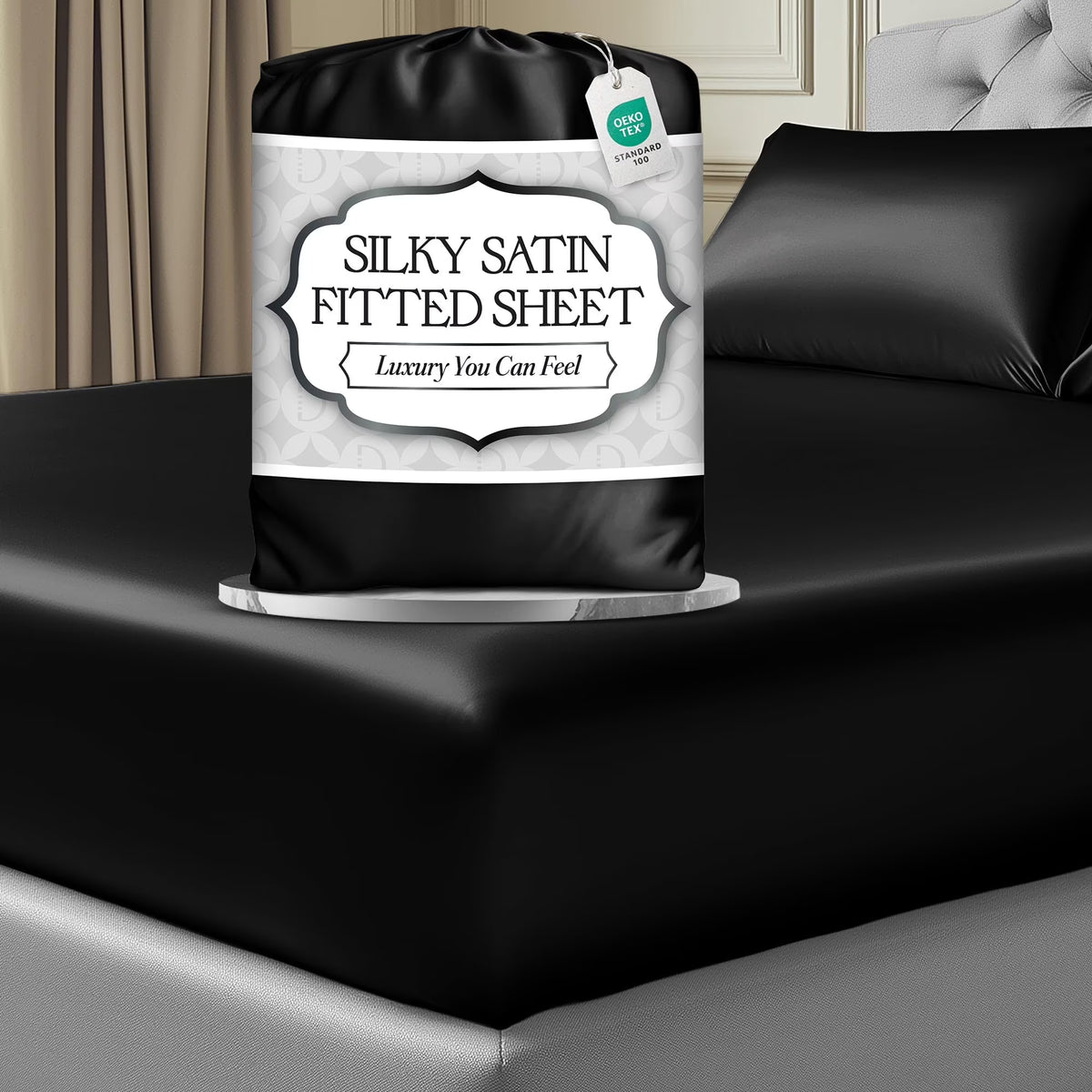 Black Silk Satin Fitted Sheet Queen Size 15 Inch Deep Pocket T166