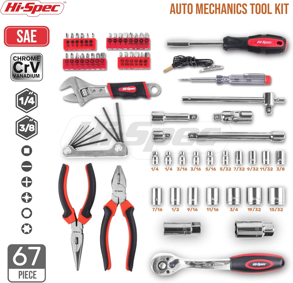 67 Piece Auto Mechanics Tool Kit with SAE Sockets, Ratchet Set and Tool Box H7860