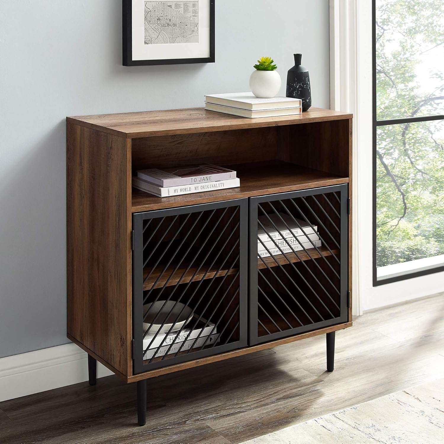 Dark Walnut Metal Wood Buffet Bar Cart Storage Cabinet Sideboard T29282