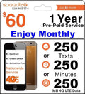 1 Year Prepaid GSM SIM Card - Monthly 250 Talk or 250 Text or 250MB Data No Contract 12 Months Plan A509173
