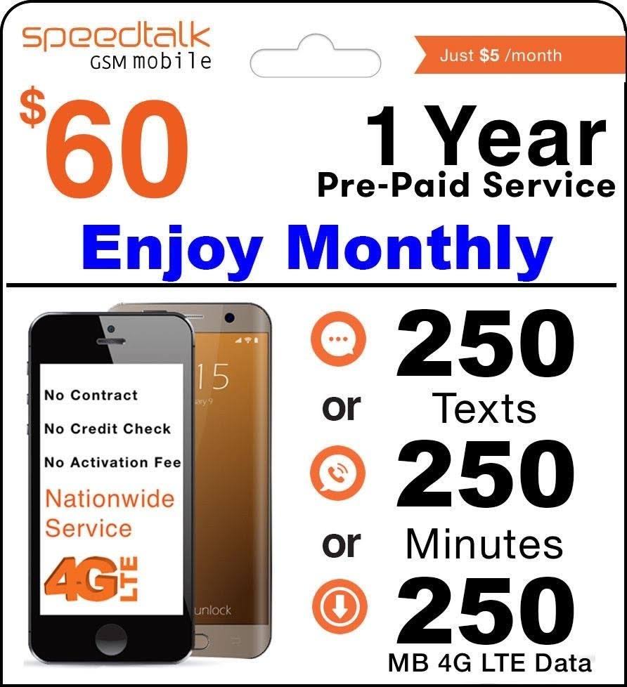 1 Year Prepaid GSM SIM Card - Monthly 250 Talk or 250 Text or 250MB Data No Contract 12 Months Plan A509173