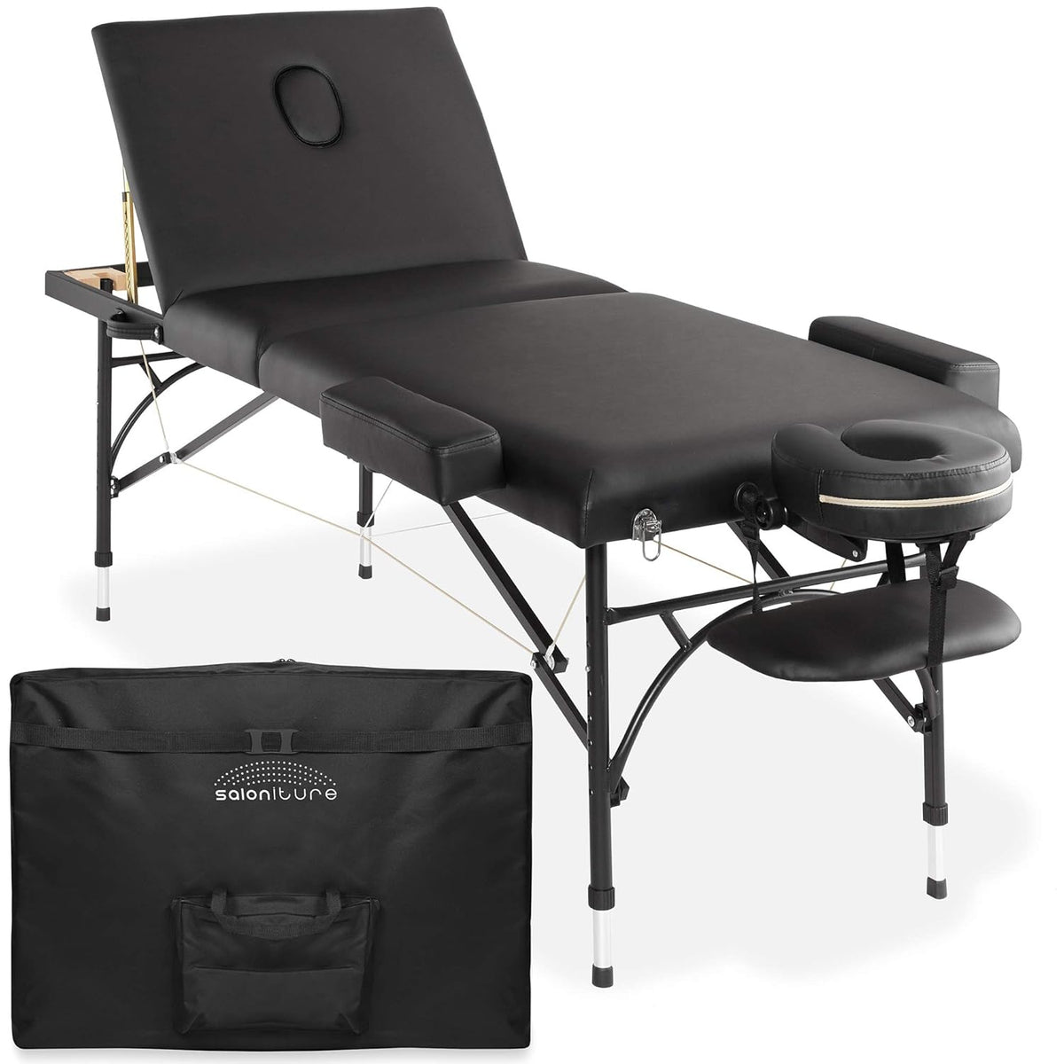 Black Tri-Fold Massage Table with Aluminum Legs and Carrying Case T19789
