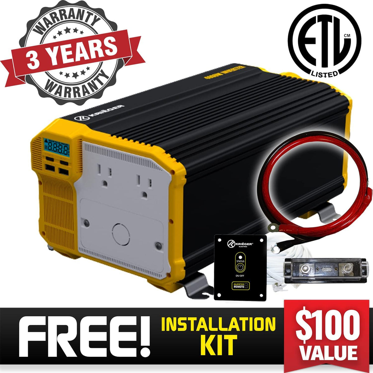 3000 Watts Power Inverter 12V to 110V Modified Sine Wave Dual AC Outlets Hardwire Kit L77742